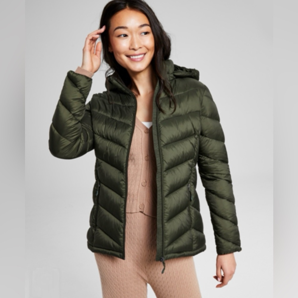 NWT CHARTER CLUB Women's Packable Hooded Puffer Coat-Olive Green
